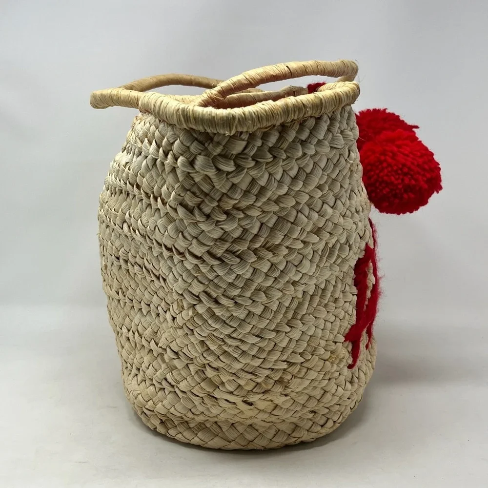 Straw Tote Bag Womens Large Raffia Hello Embroidery Pom Pom Tassel Beach Resort‎